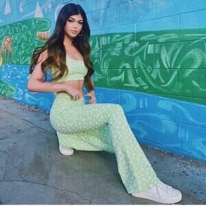 Tiger Mist Calla Floral High-Rise Flare Leg Bell Bottom Pants in Pastel Green